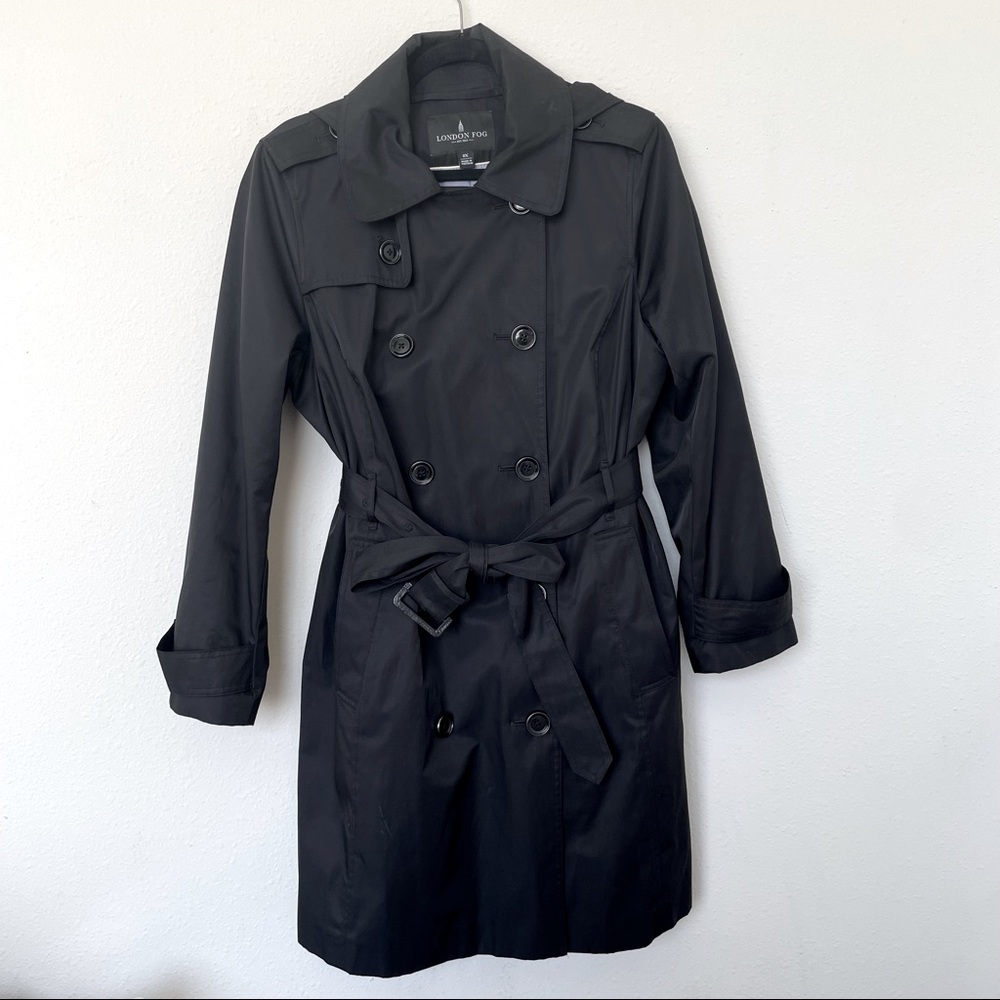 London Fog Trench Coat with Hood, Black, Size 0X